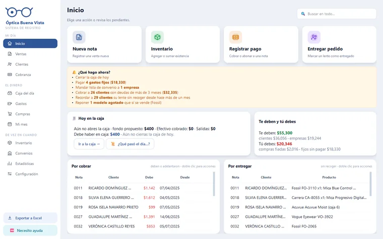 AdminÓptica — pantalla con datos de ejemplo