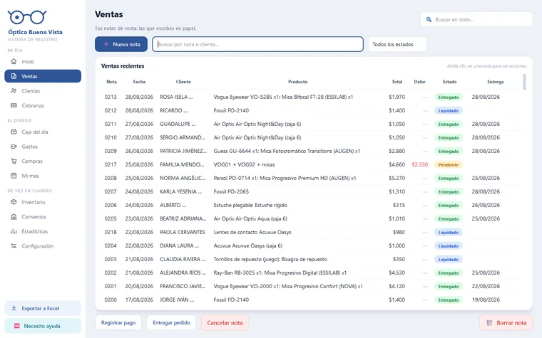 AdminÓptica — pantalla con datos de ejemplo