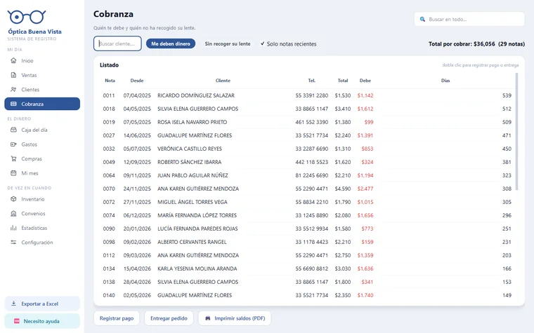 AdminÓptica — pantalla con datos de ejemplo