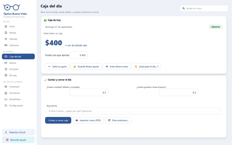 AdminÓptica — pantalla con datos de ejemplo