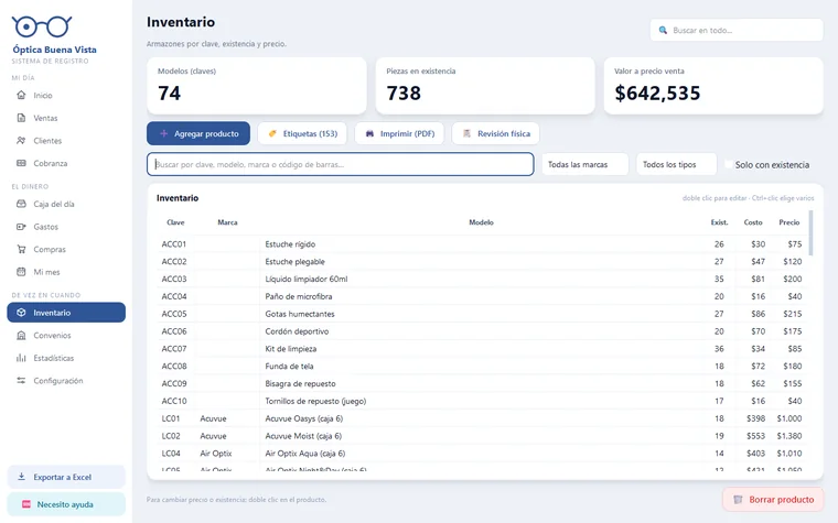 AdminÓptica — pantalla con datos de ejemplo